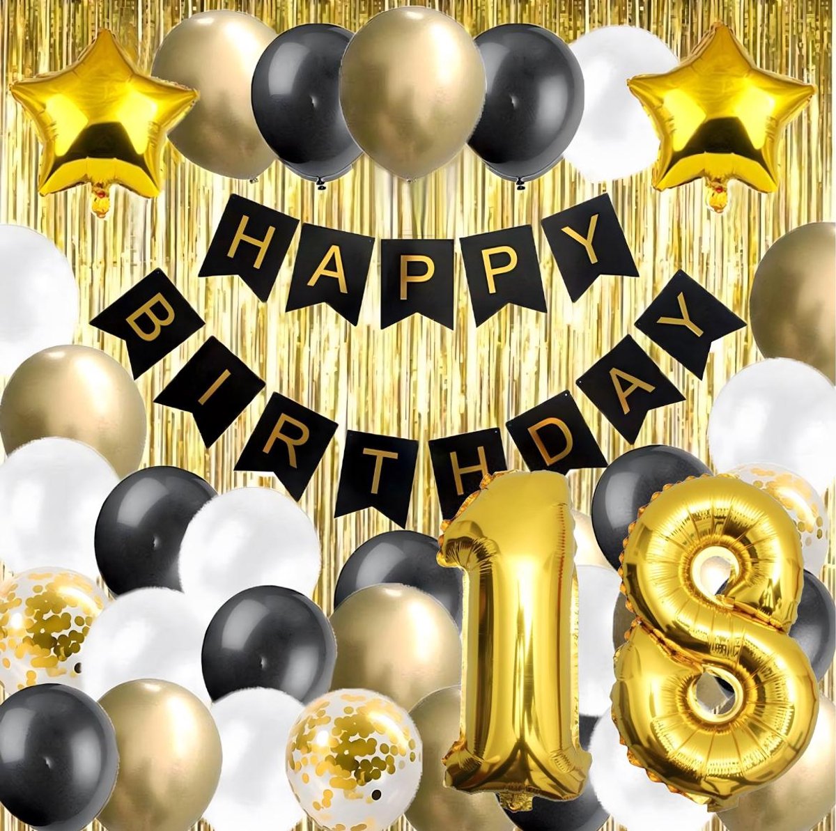 18 jaar verjaardag feest pakket | Versiering Ballonnen voor feest 18 jaar Set 57-delig| Achttien Jaar Versiering | Ballonnen slingers opblaasbare cijfers 18 Ballondecoratieset voor een 18e verjaardag, gordijn, zwart-goud