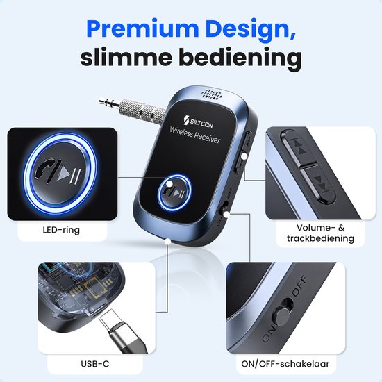 Premium Siltcon ontvanger: blauw met lichtgevende ring, volumeknoppen, aan/uit-schakelaar, USB-C poort.