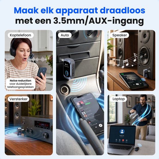 Siltcon® Bluetooth Receiver - BT 5.4 - 3.5MM AUX - Bluetooth Ontvanger - Bluetooth Audio Receiver - Bluetooth Auto via AUX - Aux Bluetooth - Handsfree Bellen - Universeel Auto, Speaker, Tablet, Laptop & Telefoon - USB-C Oplaadbaar - Incl. Aux kabel van Siltcon — afbeelding 4
