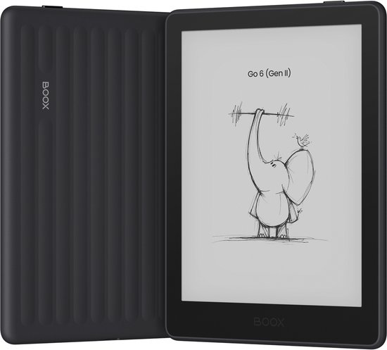 Zwarte BOOX Go 6 (Gen II) e-reader met groevenpatroon op de achterkant en een tekening van een olifant op het scherm.