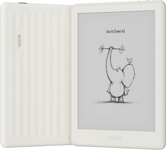 Witte BOOX Go 6 (Gen II) e-reader met geribbeld deksel, opengeklapt met getekende olifant op scherm.