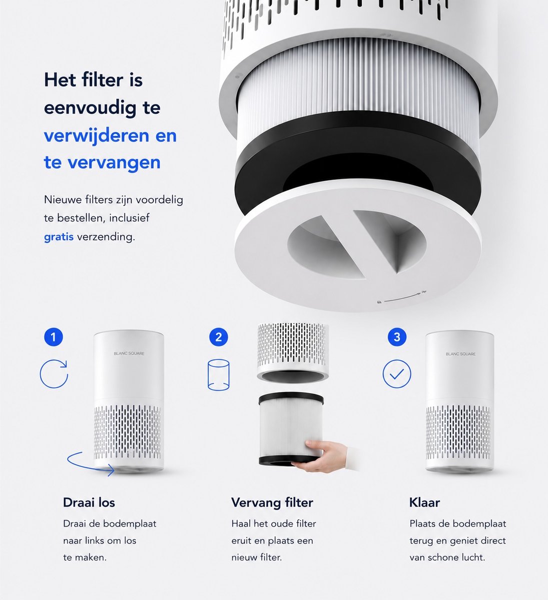 BLANC SQUARE Luchtreiniger - Air Purifier Pro - Vervangbaar HEPA 13 + Koolstof filter - CADR 170m³/u 30m² - Filtert Fijnstof, Hooikoorts, Pollen en Huisstofmijtallergenen - Clean Air Slaapkamer thumbnail 6