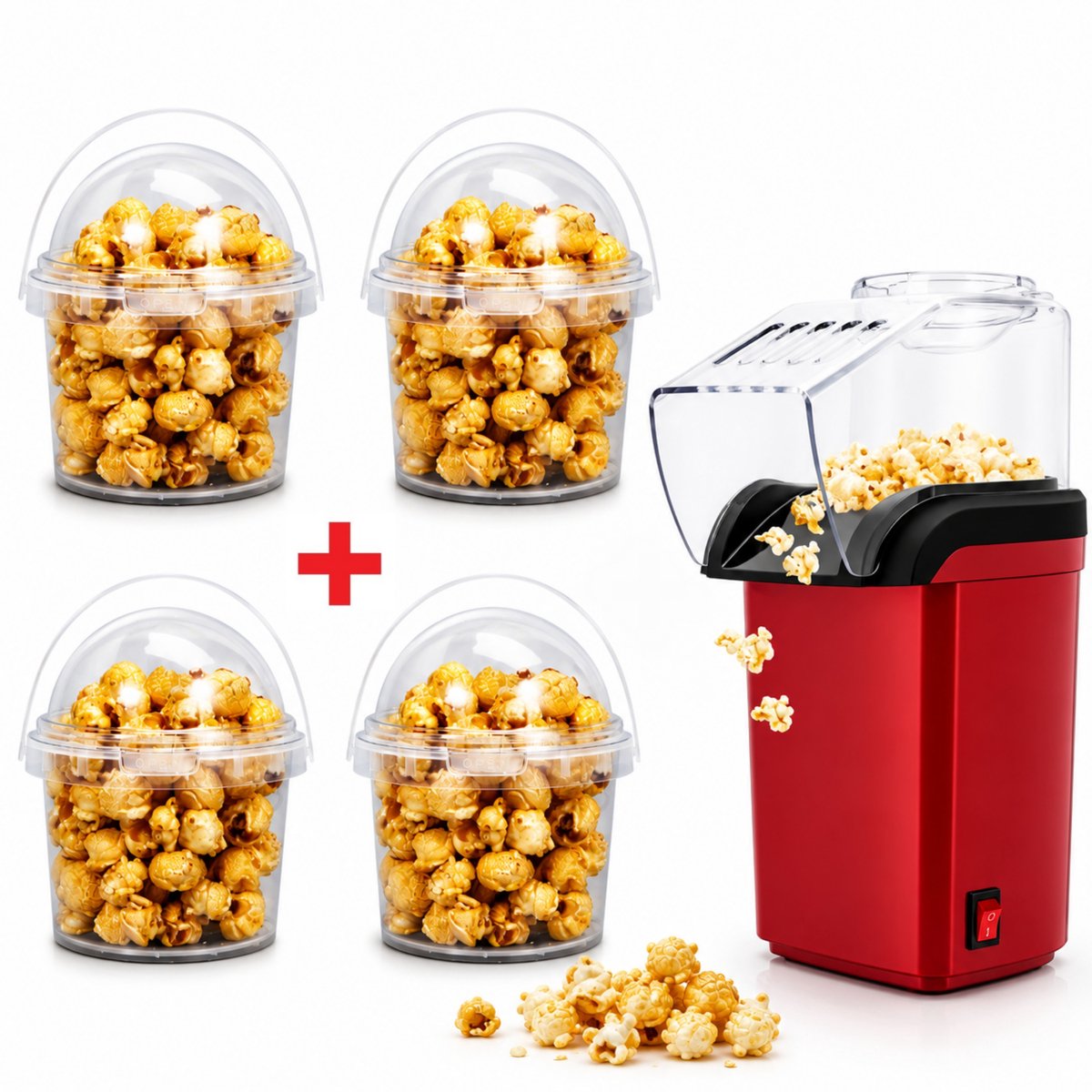 Gabrys® 4-in-1 popcorn machine met 4 bekers - Retro popcorn machine - set voor 4 personen - Klaar binnen 3 minuten - Popcornmaker - Knapperige en gezonde popcorn - beste cadeau - popcorn - popcorn mais - familie - vrinden - gezelligheid