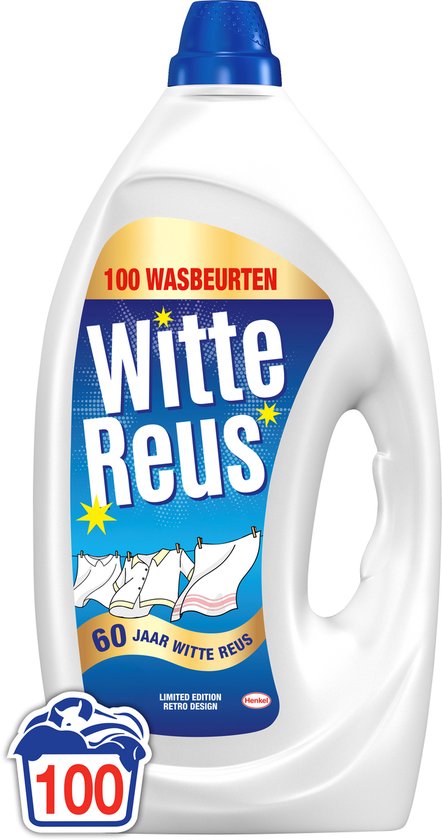 Witte Reus vloeibaar wasmiddel, 100 wasbeurten. Limited Edition Retro Design. Blauwe dop, voor witte was, op de voorgrond hangt wasgoed aan een waslijn.