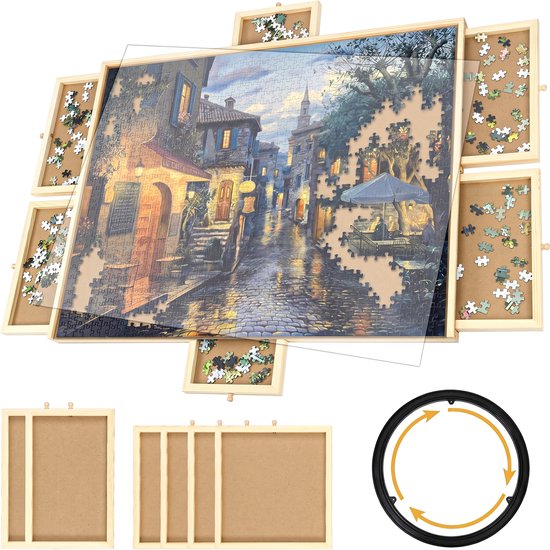 Houten puzzelbord met opgestoken puzzelstukjes rondom. Toont het complete puzzelbeeld met een duidelijke afbeelding van een straatje.