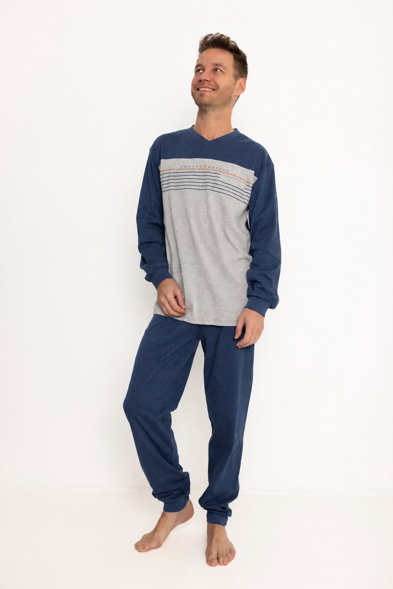 Outfitter - heren pyjama interlock 421913 - warme pyjamaset - donkerblauw met V-hals - maat L