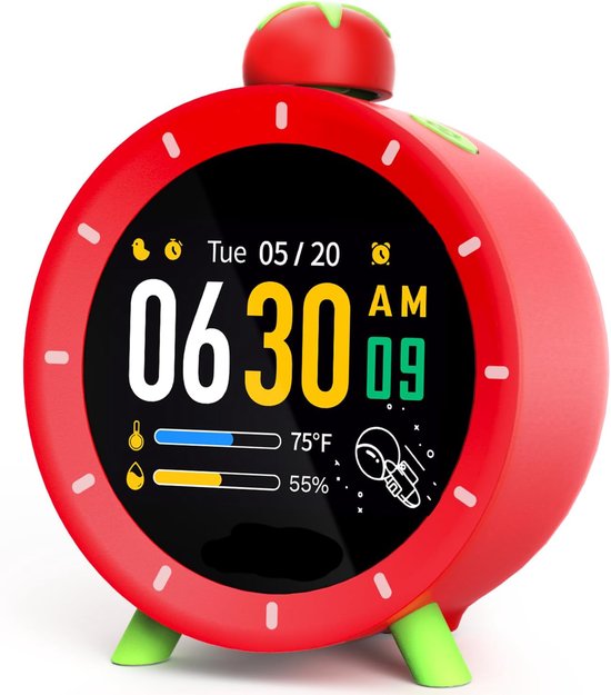 Een rode wekker met een digitaal display en groene voetjes.