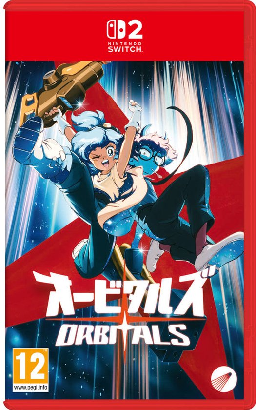 Jeu Nintendo Switch "Orbitals" avec illustration de deux personnages d'anime tenant une arme en l'air.