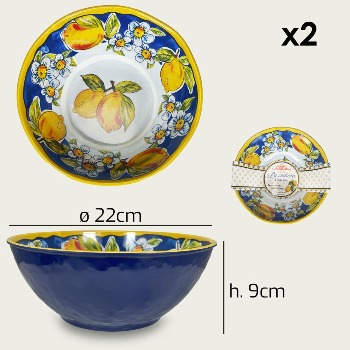 Arca LIMONI Set van 2 Melamine kommen, 22x9cm – licht in gewicht – makkelijk stapelbaar – voor binnen en buiten