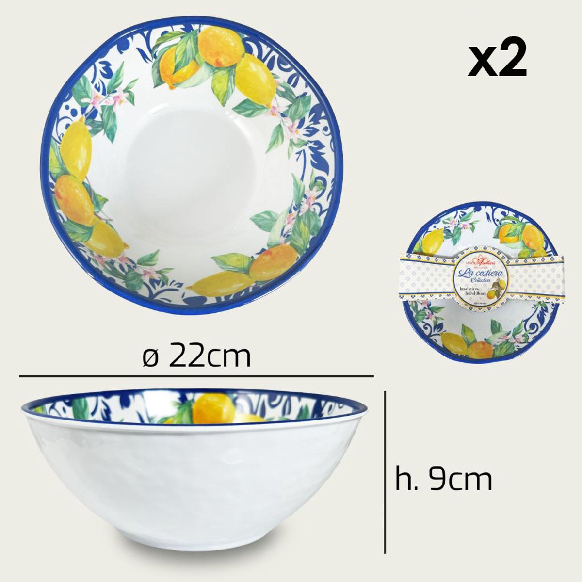 Arca LIMONI Due Set van 2 Melamine kommen, 22x9cm – licht in gewicht – makkelijk stapelbaar – voor binnen en buiten