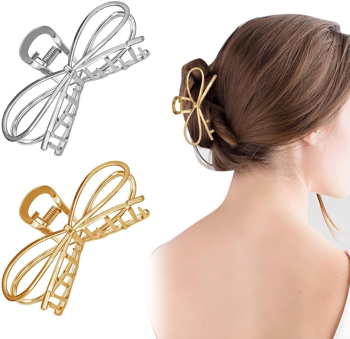 Dailygoods- Haarklauwclip Gouden/Zilveren Boog - Haaraccessoires Vrouwen - Draagbare Haarclips - Decoraties - Hoogwaardige Metalen Materialen - 2 Stuks - Haaraccessoire