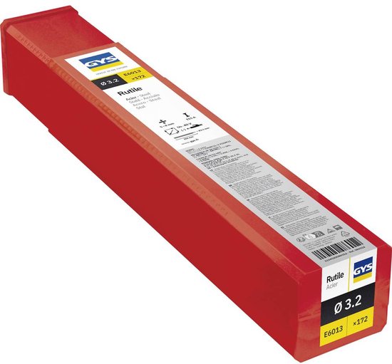 Rode verpakking voor GYS 'Rutile Acier' elektroden, Ø 3.2 mm, E6013, 172 stuks. Gele accenten.