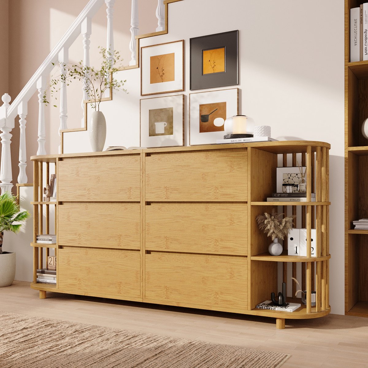 DESMIU Dressoir - Retro Romeins Design Met 6 Lades En Open Schappen - Voor Woonkamer Hal Of Keuken - MDF En Bamboe - 160x40x75 Cm - Eiken