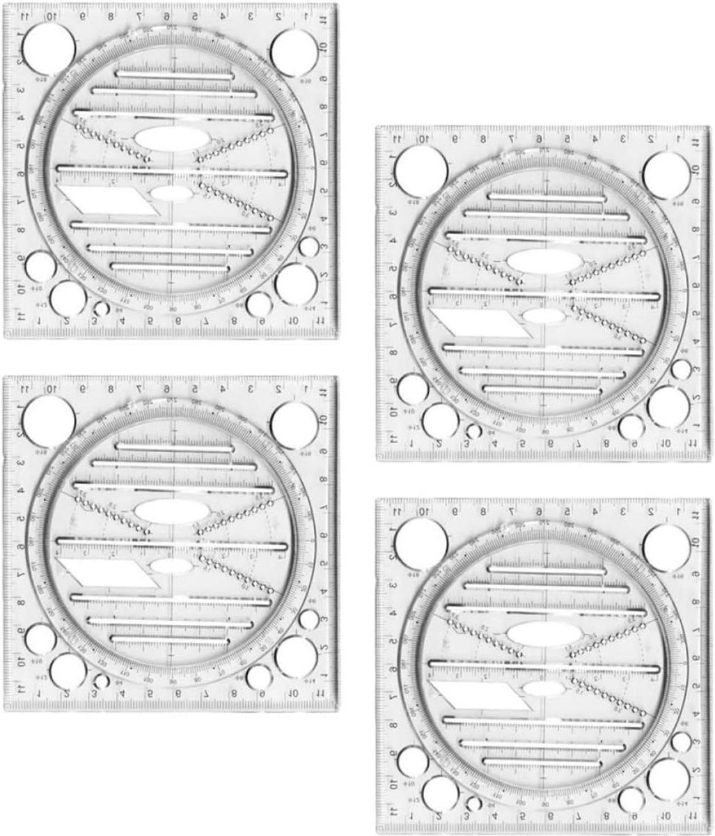 Geometrische Tekenlinialen - Multifunctionele Linialen - Tekenen en Meten - Draaibare Functie - 4 Stuks - Transparant