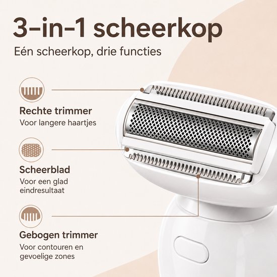 Close-up van de 3-in-1 scheerkop met rechter trimmer, scheerblad en gebogen trimmer.