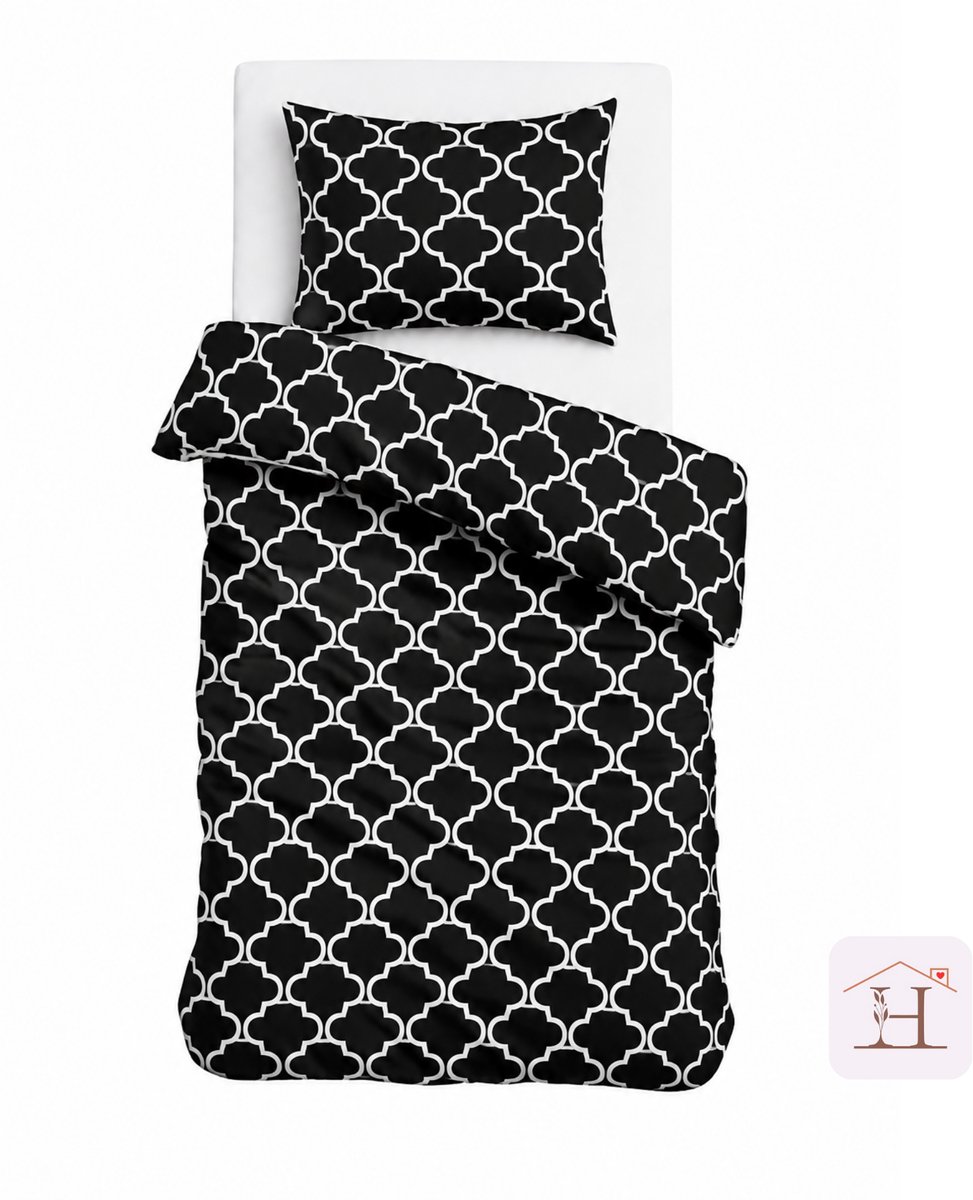 HappyNest - Dekbedovertrek - 1 persoons - 140x200 cm + met 1 Kussenslopen - 60*70 cm - Zwart met Wit Gestreept Klaverpatroon