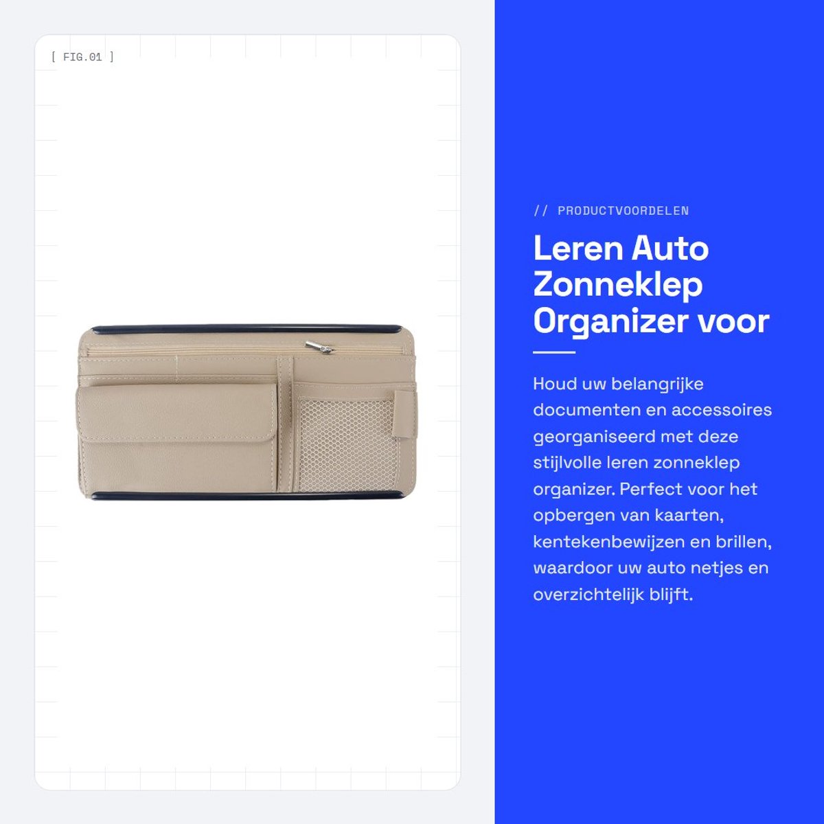 Dailygoods- Zonneklep Organizer - Leren Opbergtas - Auto Interieur Accessoire - Beige - 31 x 16,5 cm - Verbeterde Organisatie