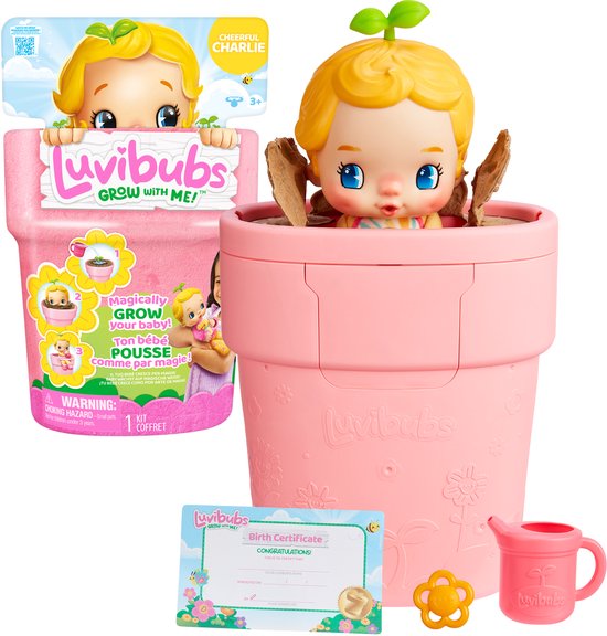 Luvibubs pop 'Cheerful Charlie' in roze pot, met geboortecertificaat, bloemvormige rammelaar en gieter.
