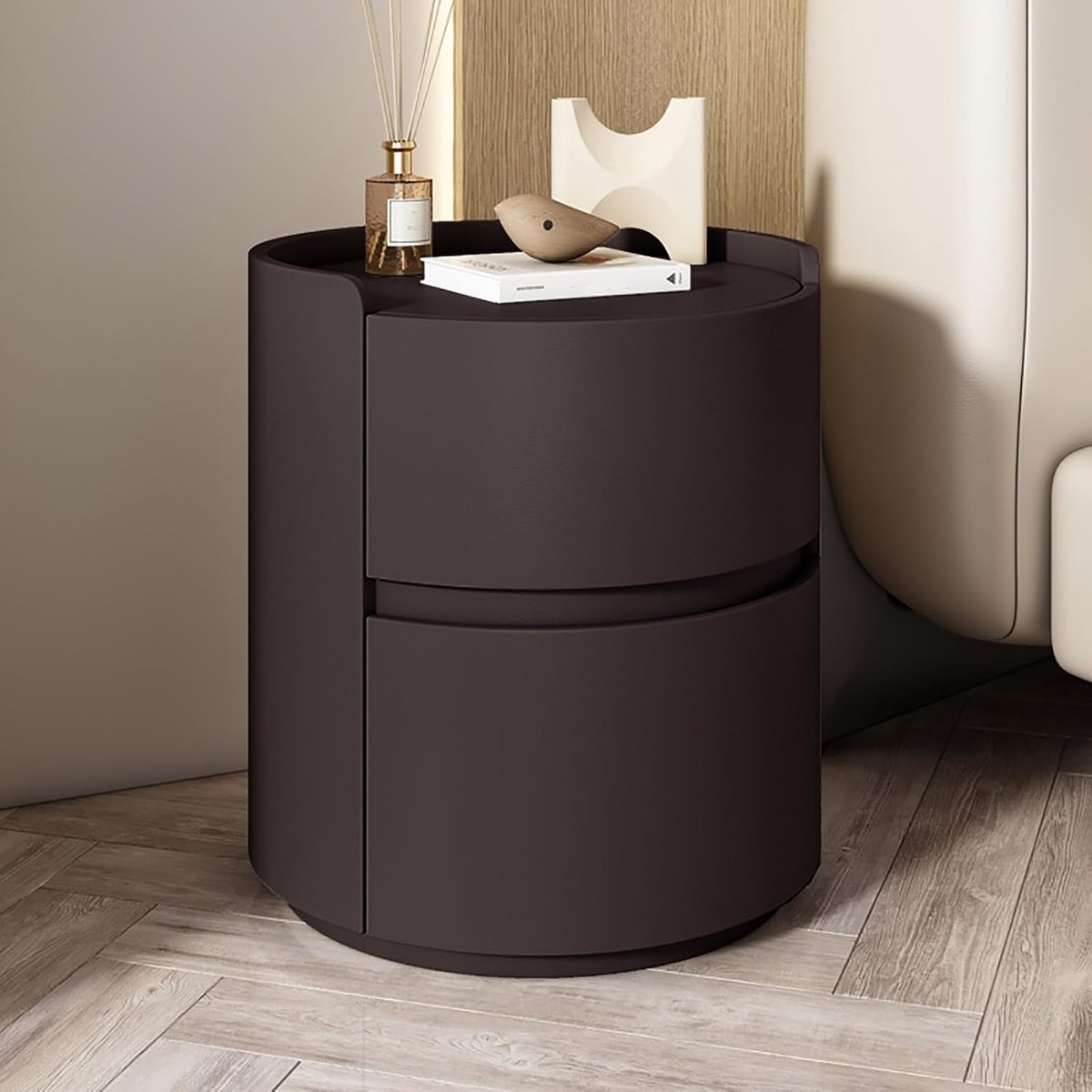 Rond Nachtkastje met 2 Lades van Massief Hout – Modern Minimalistisch Bedtafeltje met Microvezel Leren Afwerking, Stabiele Bijzettafel voor Slaapkamer Opbergkast – Donkerbruin/Wit – Mobili Bella