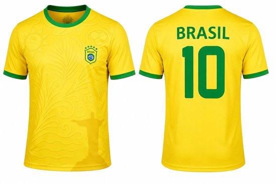 Geel voetbalshirt met groene hals en mouwboorden. De voorkant heeft het logo van Brazilië, de achterkant "BRASIL 10".