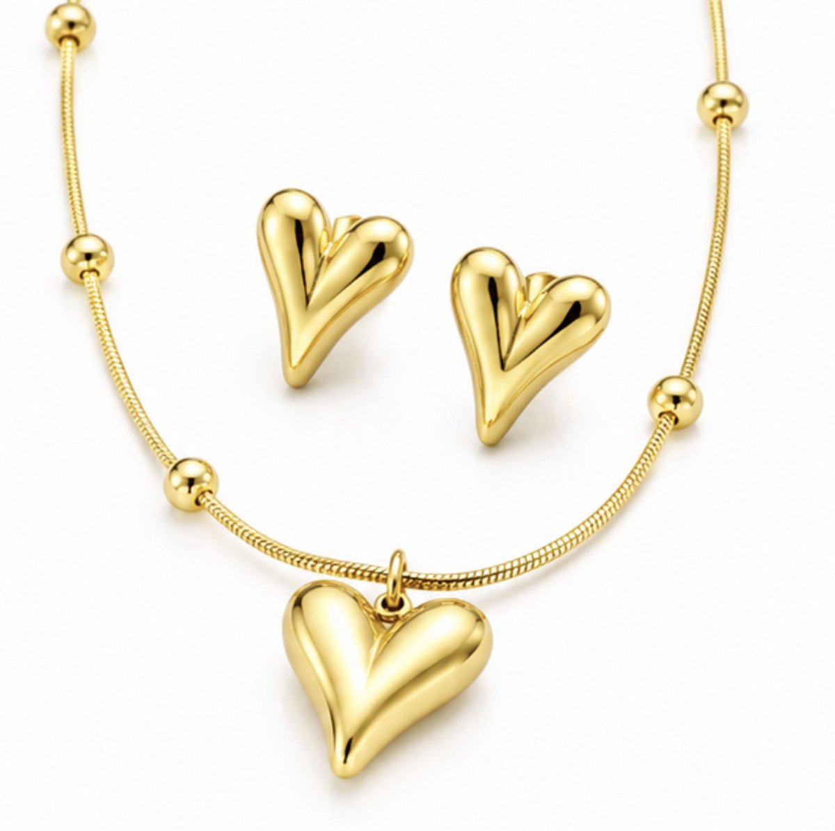 Ketting met hartjes - Oorbellen hartje -Roestvrijstalen Hart Hanger Ketting - Goudkleurig - cadeau - vrouwen - kerst cadeau - verguld