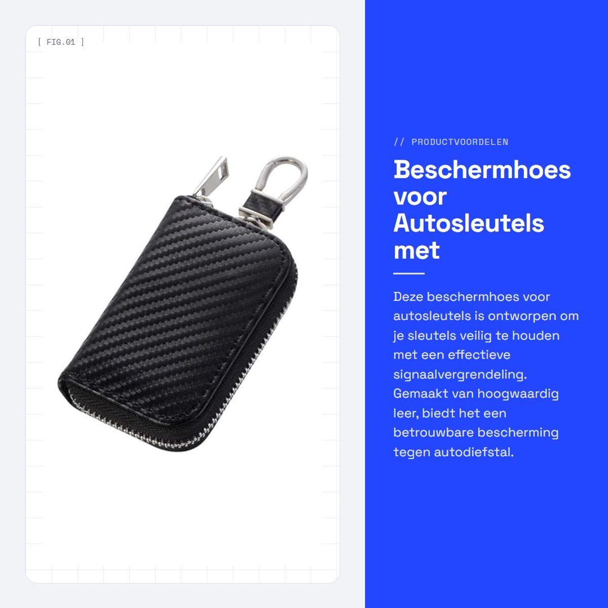 Dailygoods- Beschermhoes Autosleutel - Signaalvergrendeling - Anti-diefstalfunctie - PU-leer - Stevige rits - Ruime sleutelringclip - Sleuteltas