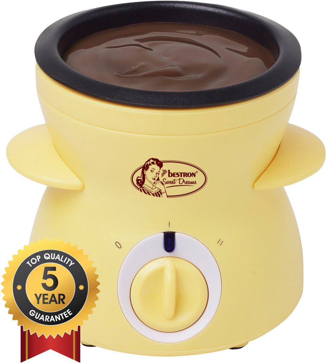 Bestron Chocolade Fondue DCM043 - Elektrische fondue - 5 personen - 10 Fonduevorkjes - Geel - 5 jaar garantie