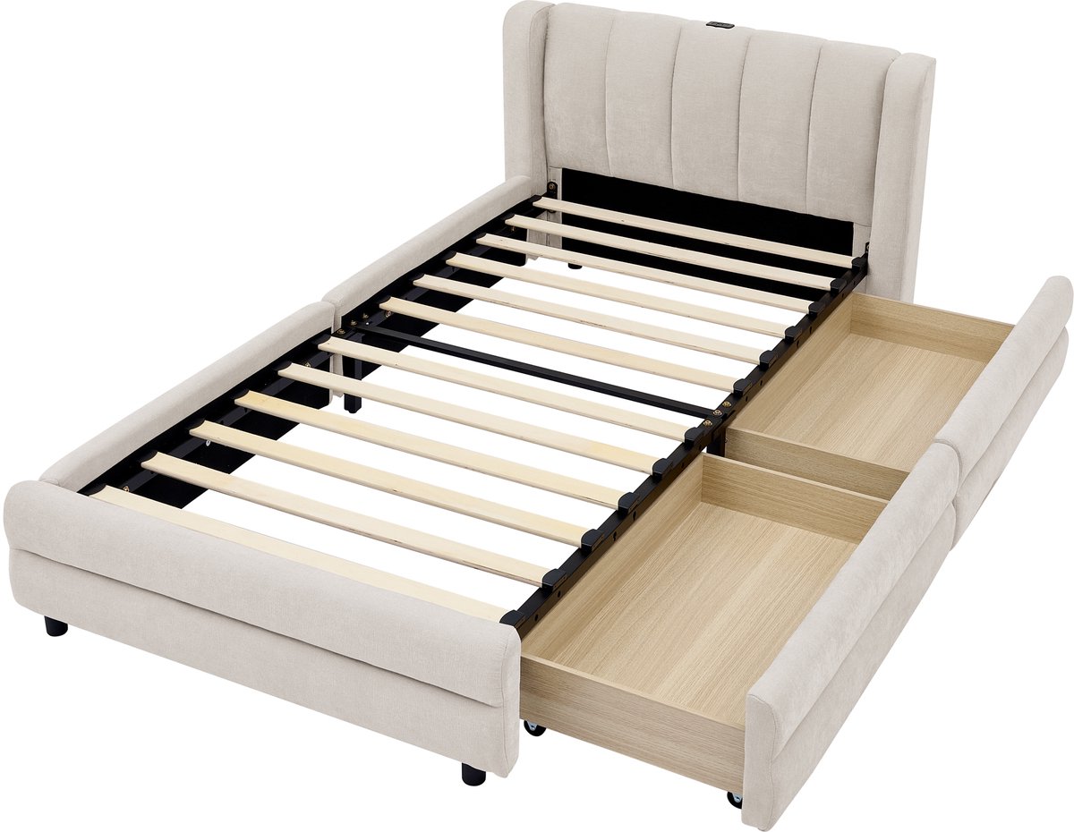 COVREO Bedframe 90x200 cm beige chenille met opbergruimte, zonder matras