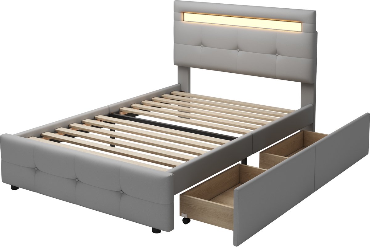 COVREO Bed 90x200 cm grijs stof met LED en 2 lades zonder matras