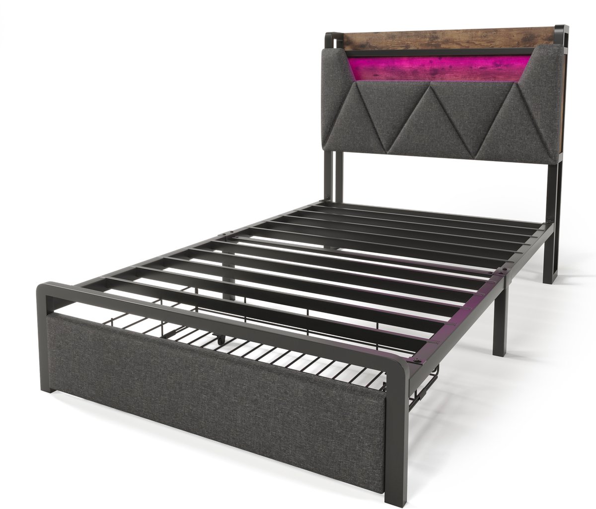 COVREO Bedframe 90x200 cm - grijs, opbergruimte, LED, zonder matras