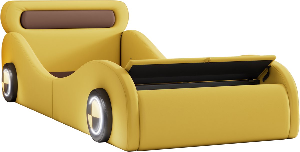 COVREO Kinderbed 241x101x82 cm – geel kunstleer en MDF, met verlichting en opbergruimte
