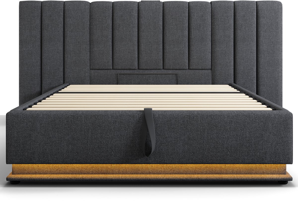 COVREO Bed 180x200 cm grijs, met LED en USB-C, opbergruimte, zonder matras
