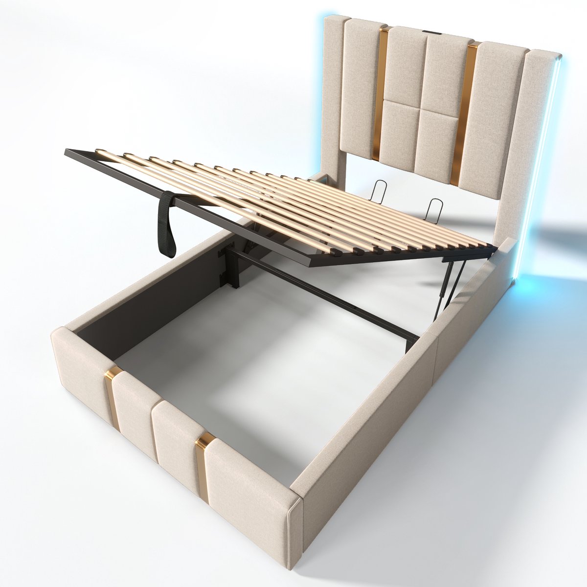 COVREO Bed 90x200 cm 96 cm Beige stof met LED en USB-C, zonder matras