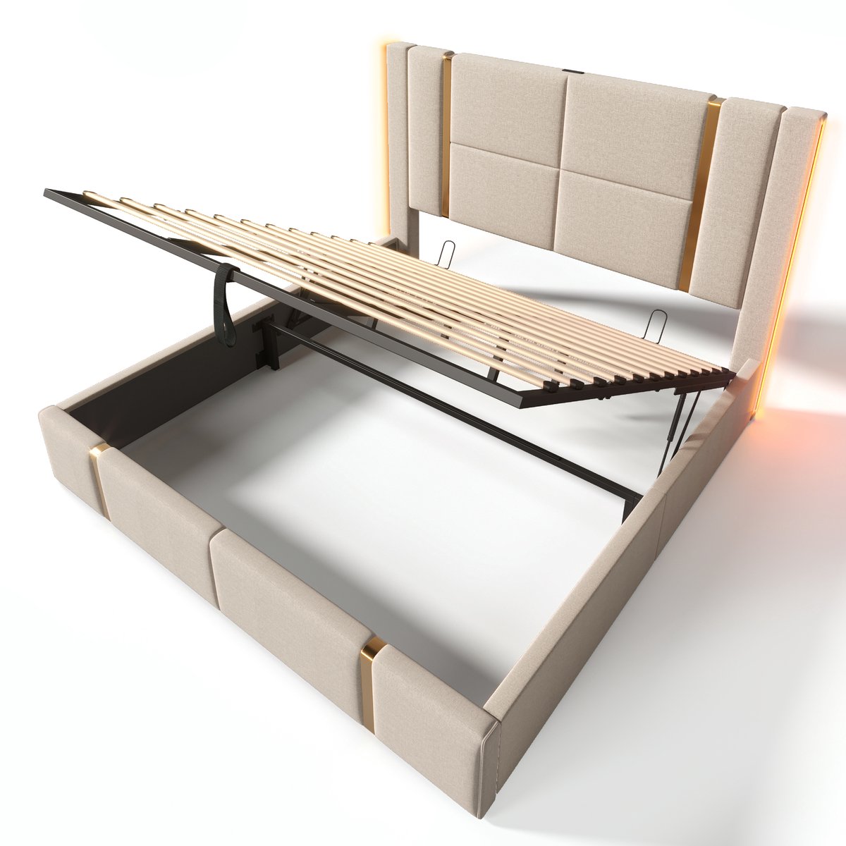 COVREO Bedframe 180x200 cm - beige stof, LED en USB-C, zonder matras