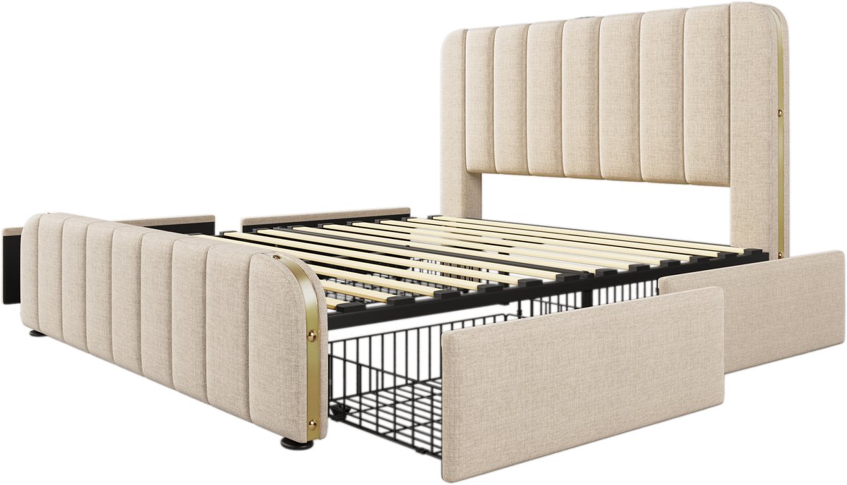 COVREO Bedframe 140x200 cm - beige linnen, 4 lades, USB-C, zonder matras