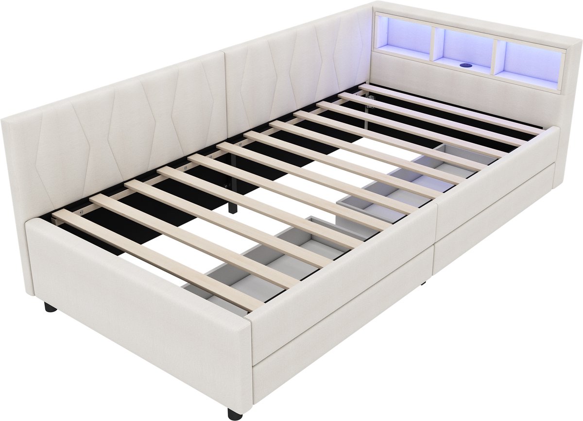 COVREO Slaapbank met LED en USB-C – 210 x 94,5 x 71 cm – Daybed met 2 lades en vakken – Bed voor logeerkamer – Beige - zonder matras