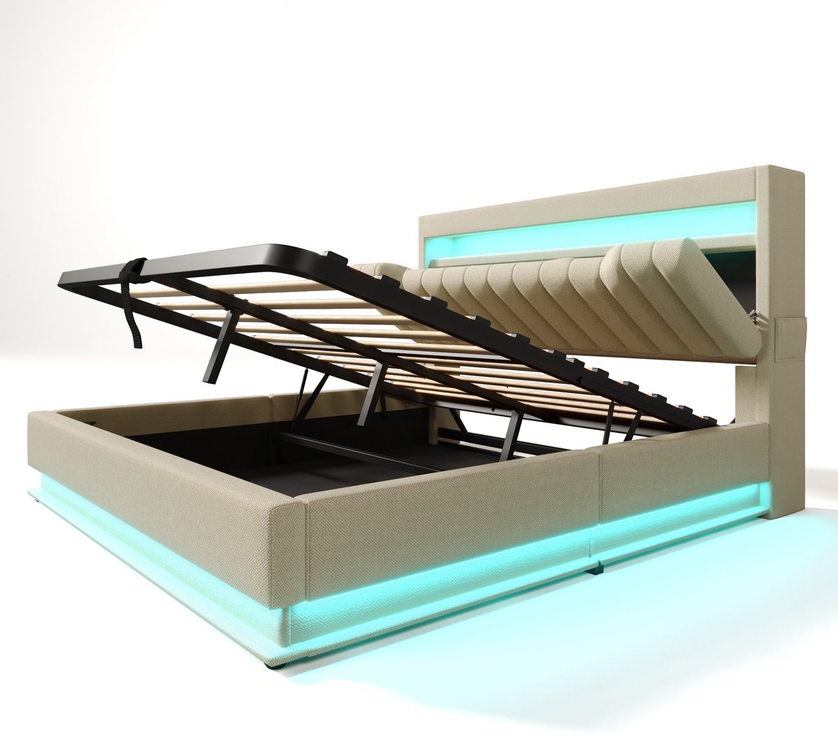COVREO Opbergbed met USB en LED – 140x200 cm – Bedframe met hoofdbord – hydraulisch bed voor slaapkamer – Beige - zonder matras