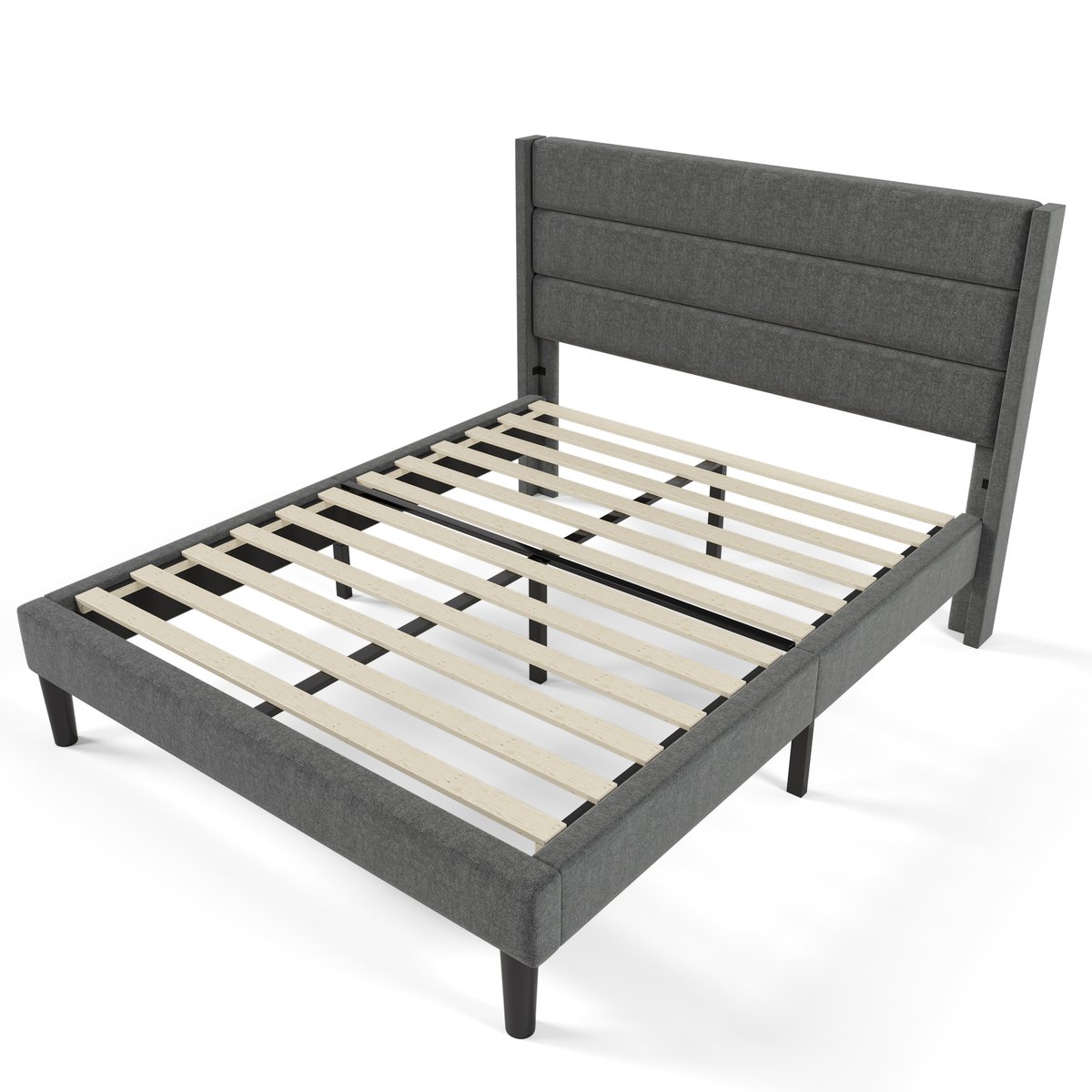 COVREO Gestoffeerd bed van 140 x 200 cm, bedframe met lattenbodem en hoofdeinde, gestoffeerd tweepersoonsbed, donkergrijze linnen stof, tijdloos modern design, kinderbed (matras inbegrepen). Gris foncé