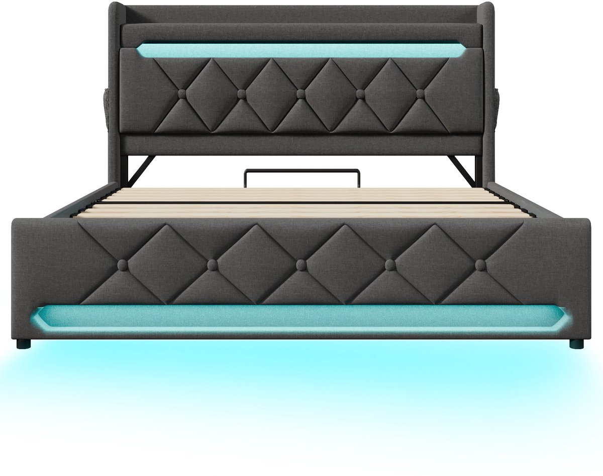 COVREO Gestoffeerd bed met LED – 186x225x111 cm – Tweepersoonsbed met USB – Bedframe met opbergruimte – Grijs - zonder matras