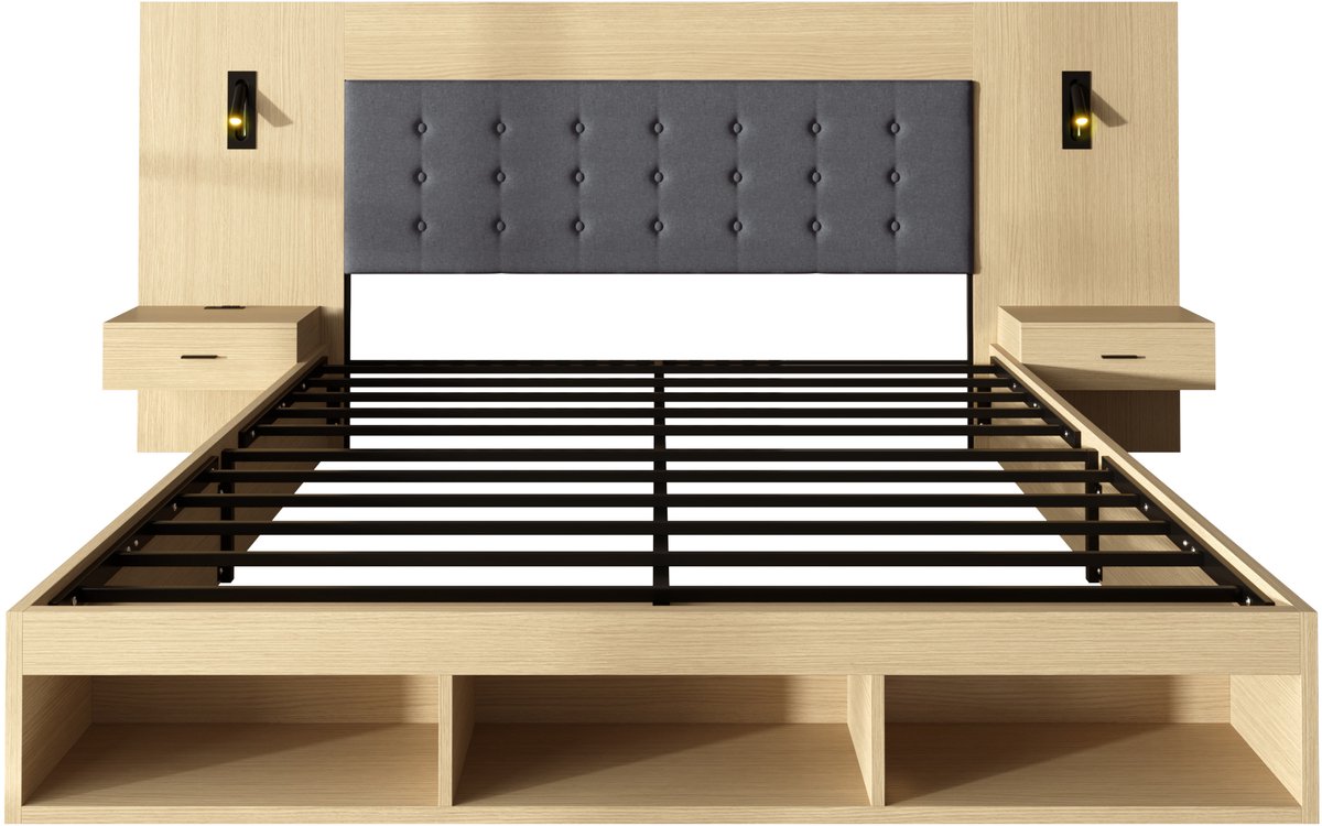 COVREO Bed 180x200 cm licht eiken, MDF met opbergruimte en leeslamp