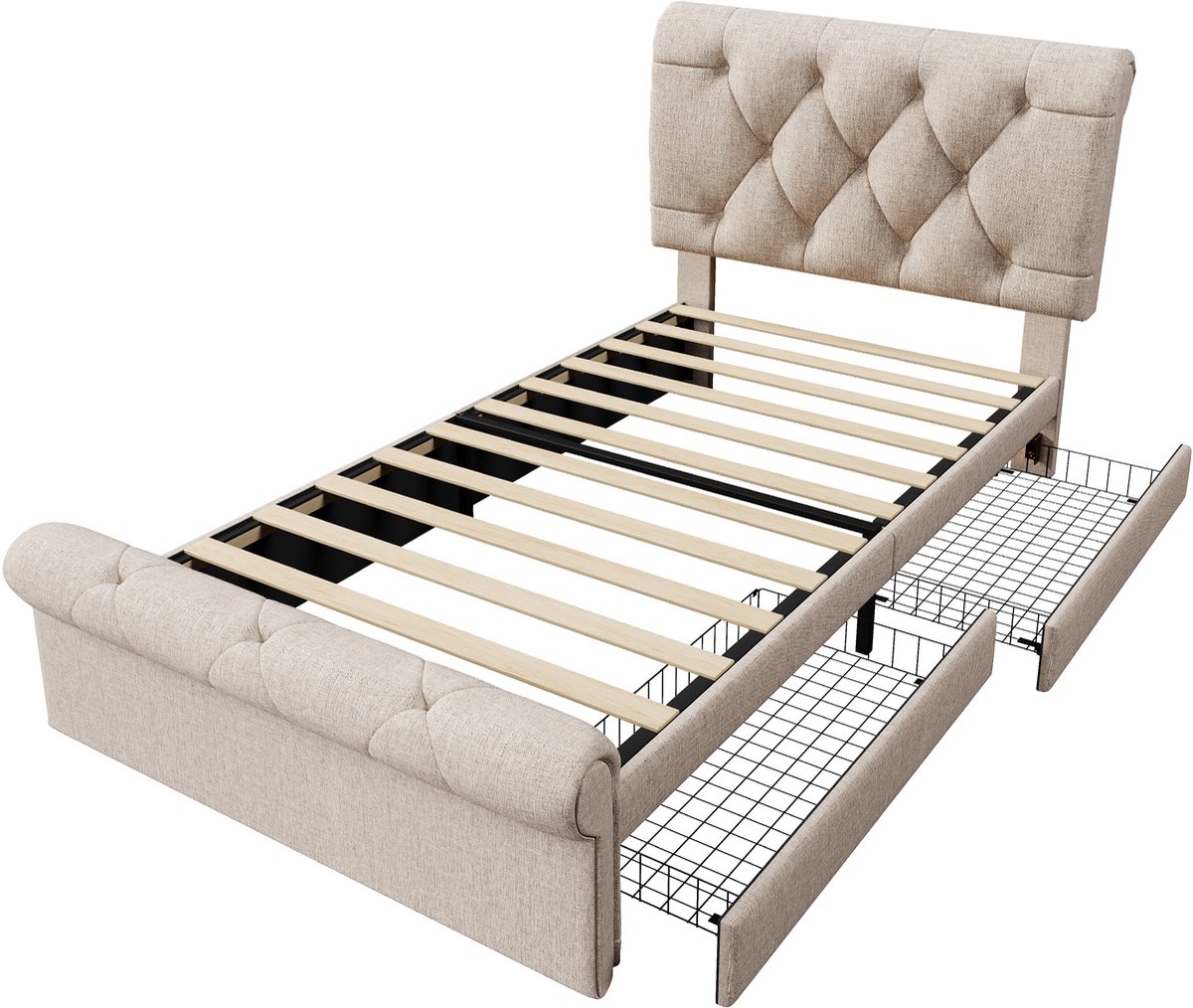 Eenpersoons gestoffeerd bed, 90x200 cm, bedframe met twee lades en in hoogte verstelbaar hoofdeinde, multifunctioneel bed in Chesterfield-stijl, natuurlijke kleur, inclusief matras.