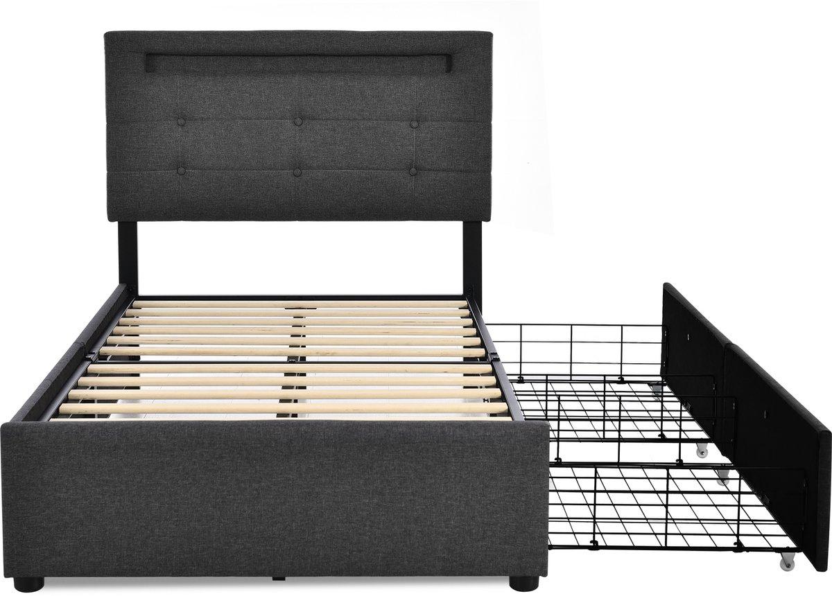 COVREO Bedframe 90x200 cm grijs met LED en 2 lades, zonder matras
