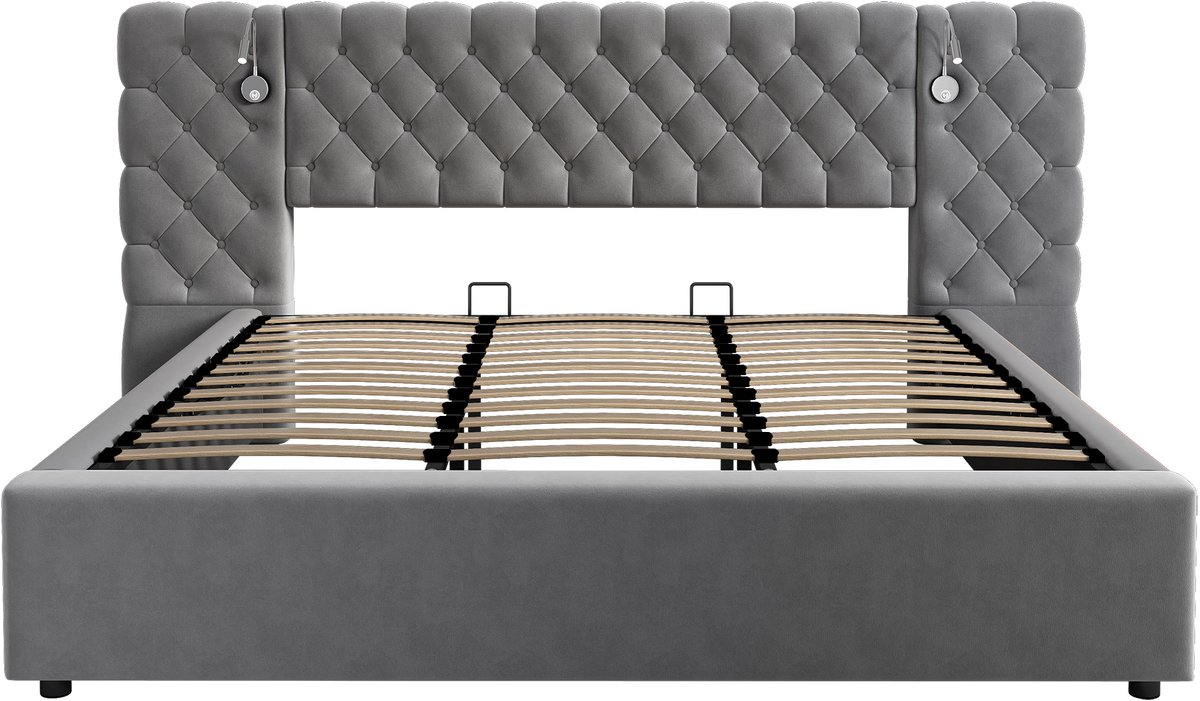 COVREO Gestoffeerd bed 180 x 200 cm - met opbergruimte, lattenbodem, verlichting, grijs