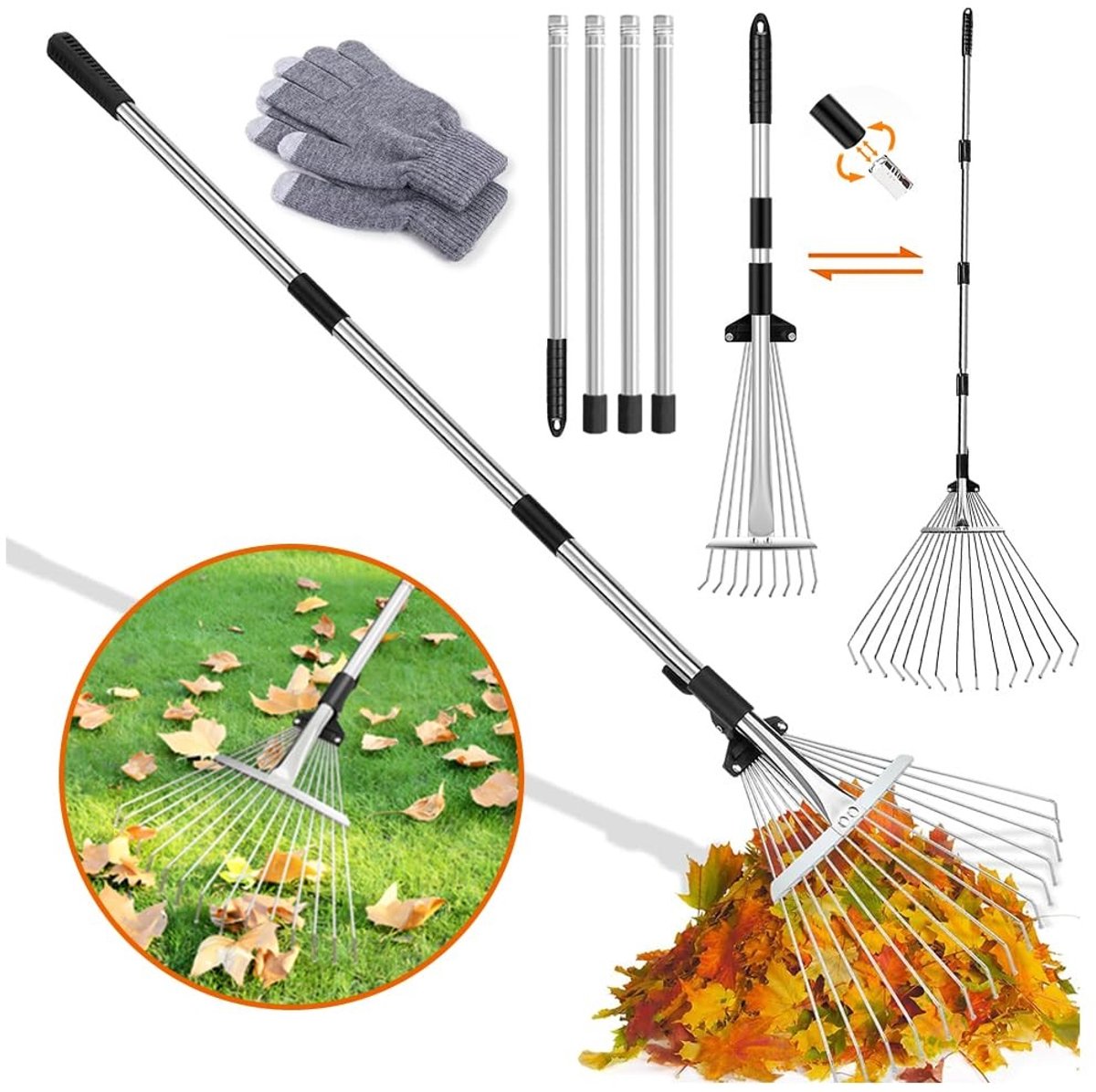 Dailygoods- Bladhark met 2,15 m verstelbare metalen steel - Tuinhark - Bladhark voor bladeren en tuinafval - Gazonhark - Inclusief handschoenen - Eenvoudig in gebruik