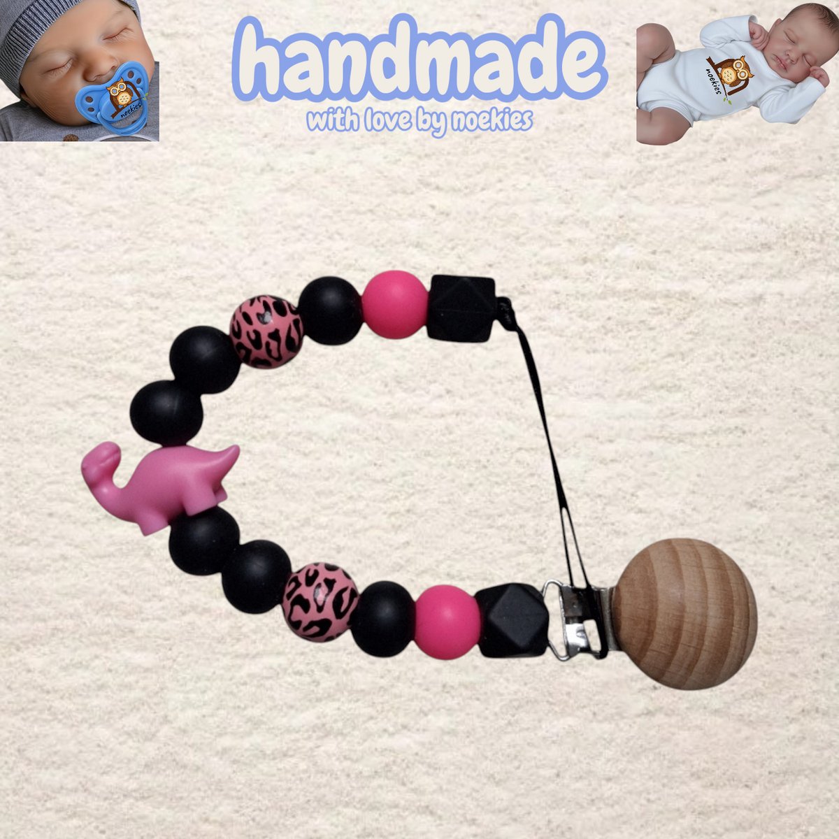 noekies Speenkoord dino panterprint zwart roze Kraamcadeau - Speenketting - Babycadeau - Babyshower nr 29
