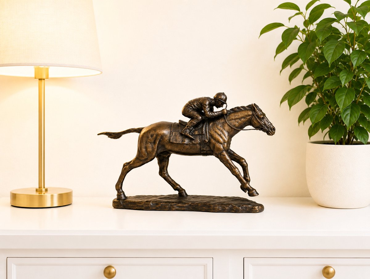 Bronzen beeld / JOCKEY OP PAARD / PAARD / DIERENBEELD