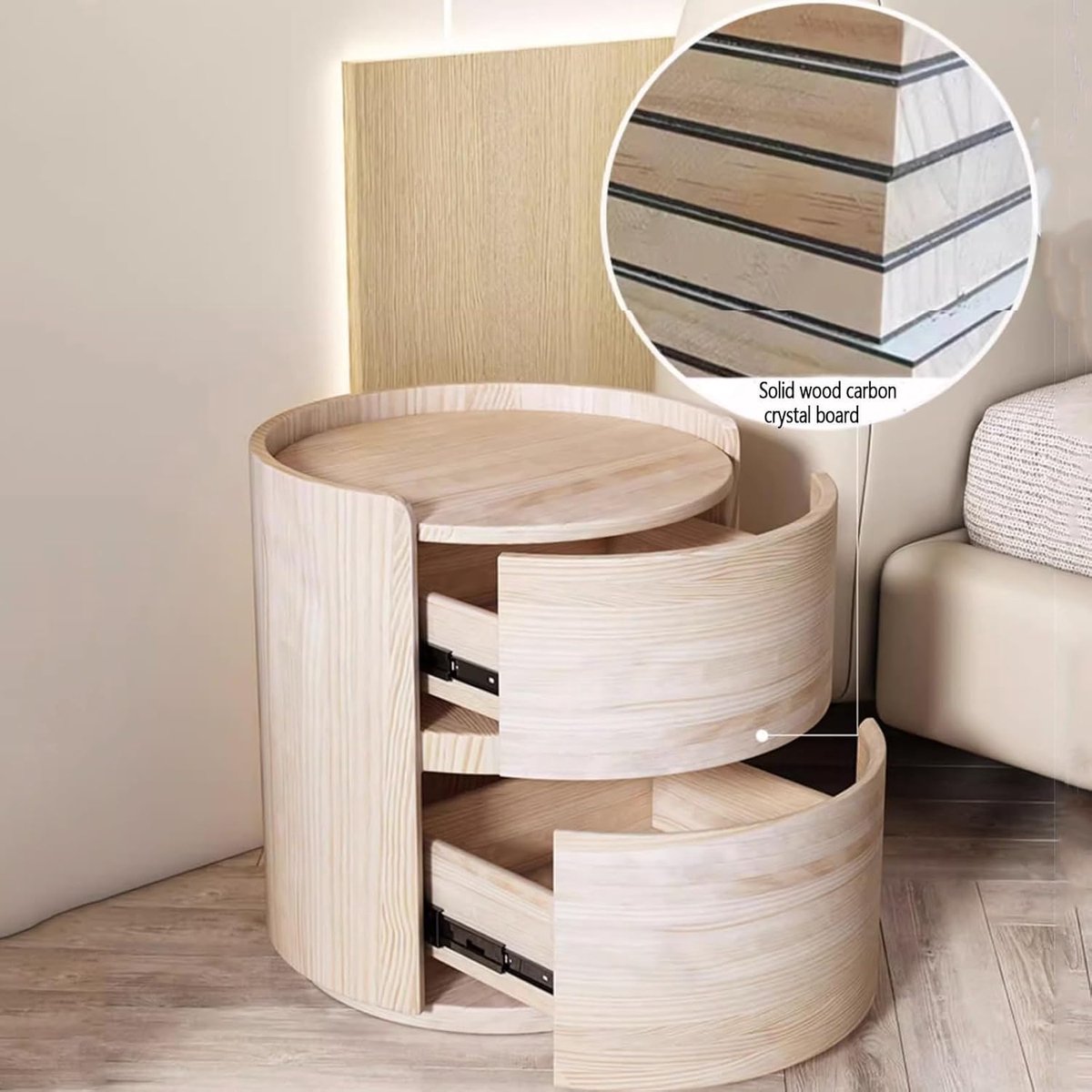 Nachtkastje Rond met 2 Laden - Kunstleer & Houten Opbergkast - 50 x 40 x 40 cm - Beige - Modern Luxe Nachtkastje voor Slaapkamer, Woonkamer en Kleine Ruimtes - Mobili Bella