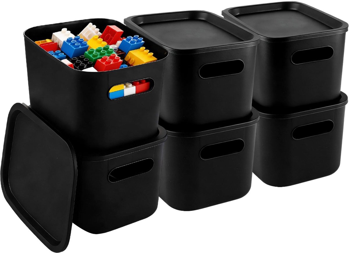 Dailygoods- Opbergdozen Set van 6 - Kunststof - Zwart - Stapelbaar - 25 x 17,6 x 15 cm - V