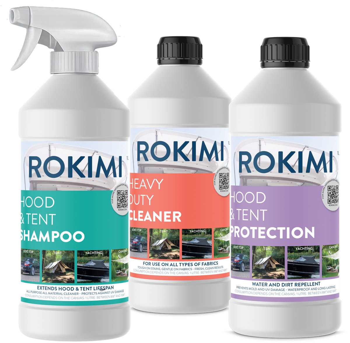 Rokimi Buitendoek - Compleet onderhoudspakket - Reinigen, vlekverwijderen en impregneren - Voor tent, luifel, bootkap en cabriodak - 3 x 1L