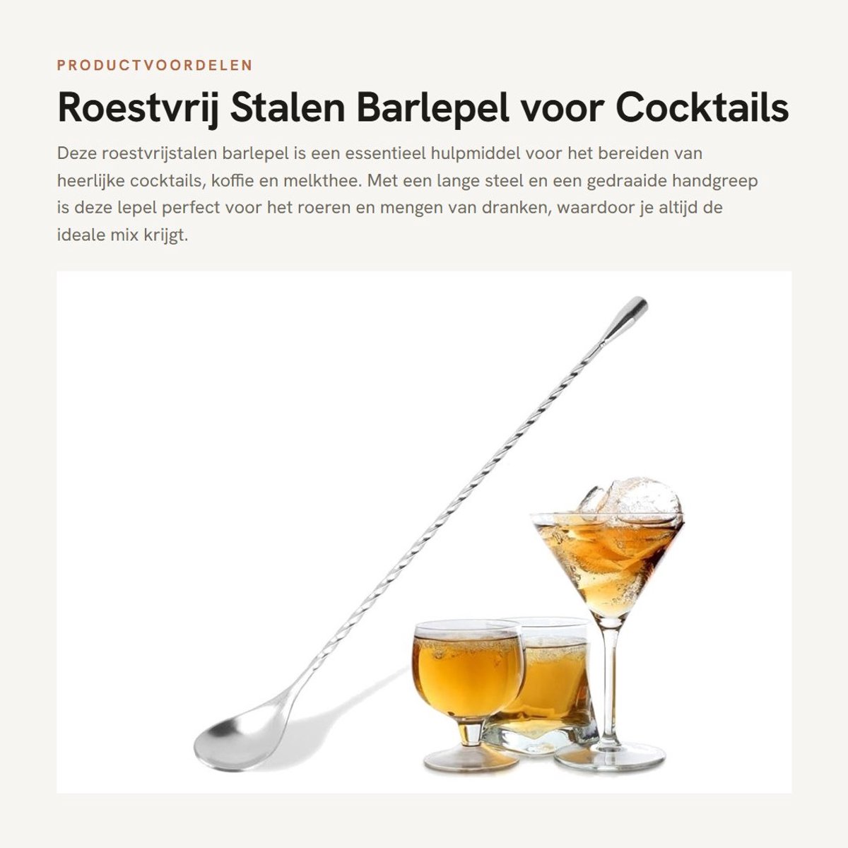 Dailygoods- Barlepel Roestvrij Staal - Cocktaillepel - Roerlepel - Mixlepel - 31 cm - Geschikt voor Bars en Thuisgebruik